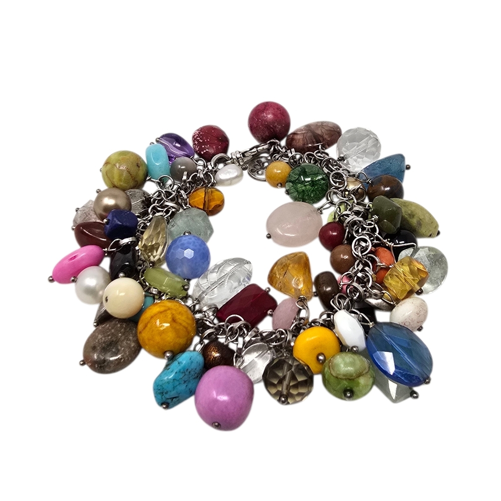 Vintage Handmade Multi Stone Sterling Silver Charm Bracelet Artisan OOAK